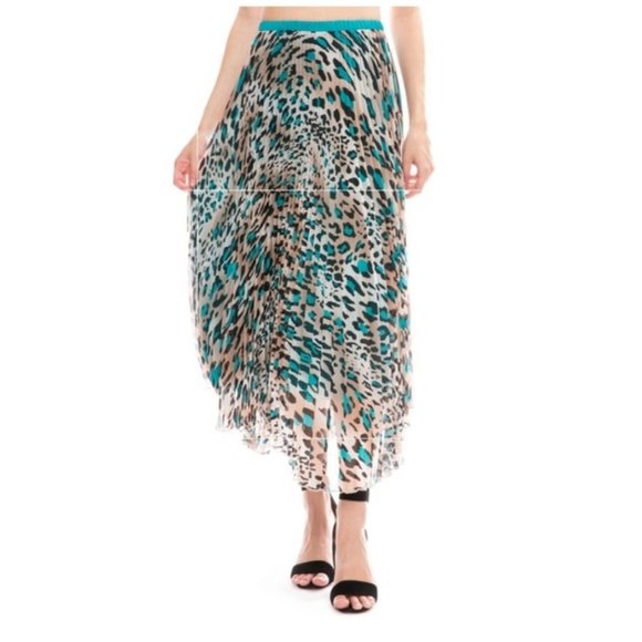 Loyd Ford NWT Pleated Teal Animal Print Midi Skirt Size 2 - Picture 1 of 16
